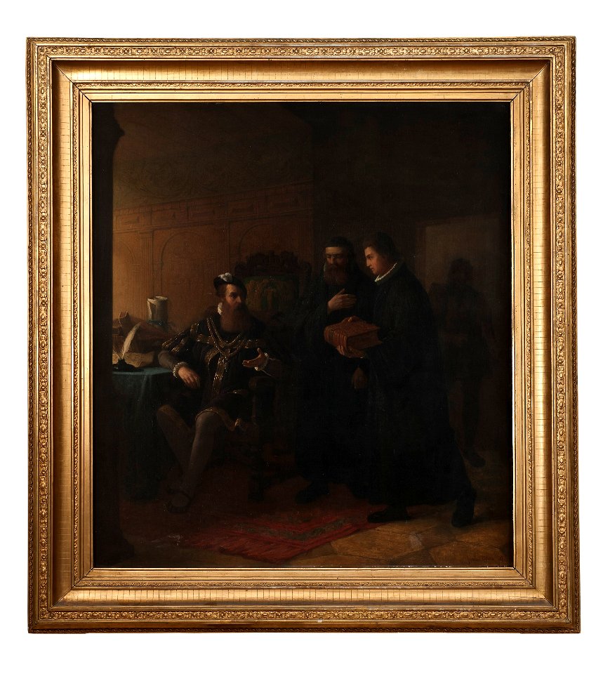 Gustav I mottager bibelöversättningen av bröderna Petri (Severin Nilsson) - Nationalmuseum - 132605