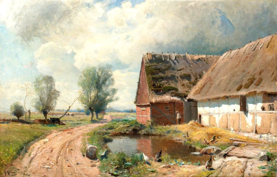 Gustaf Rydberg - Skånskt landskap med bondgård och byväg