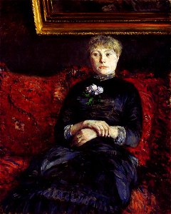 Gustave Caillebotte - Femme assise sur un sofa à fleurs rouge (CR 202). Free illustration for personal and commercial use.