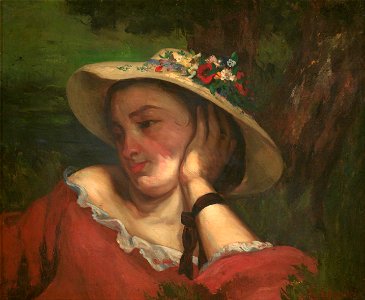 Gustave Courbet - Young Ladies on the bank of the Seine – fragment of a painting (Woman with Flowers on Her Hat) - Google Art Project. Free illustration for personal and commercial use.