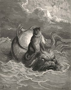 Gustave Doré - The Monkey and the Dolphin. Free illustration for personal and commercial use.
