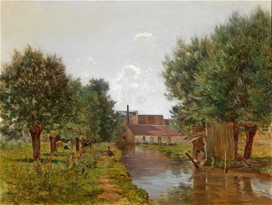 Gustave Garaud Wäscherin am Fluss vor einer Stadt