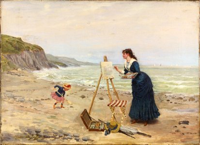 Gustave Léonard de Jonghe - Beach scene with woman. Free illustration for personal and commercial use.