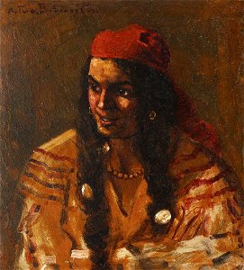 Gypsy Woman with Red Scarf by Octav Băncilă 1915. Free illustration for personal and commercial use.