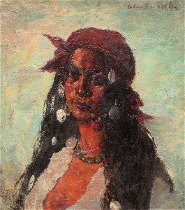 Gypsy Woman with Necklace and Pipe by Octav Băncilă 1915. Free illustration for personal and commercial use.