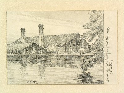 Gästrikland, Ockelbo sn. Smältsmedjan vid Brattfors . Teckning av Ferdinand Boberg - Nordiska museet - NMA.0088806