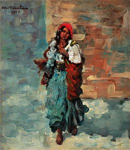 Gypsy Woman with Red Headscarf by Octav Băncilă 1908. Free illustration for personal and commercial use.
