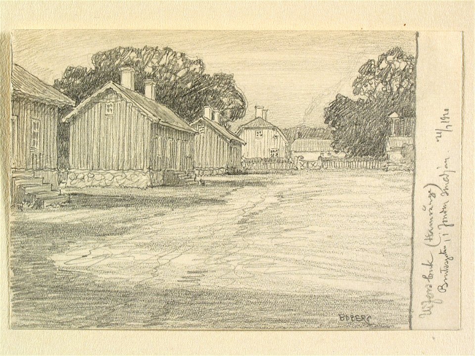 Gästrikland, Hamrånge sn., Vifors. Bruksgatan, i fonden smedjan. Teckning av Ferdinand Boberg - Nordiska museet - NMA.0088823