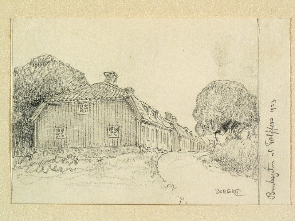 Gästrikland, Valbo sn., bruksgatan i Tolvfors. Teckning av Ferdinand Boberg - Nordiska museet - NMA.0088820