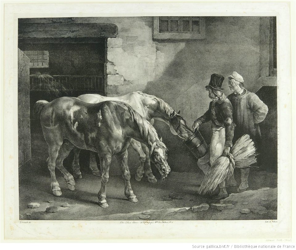 Géricault - Deux chevaux de poste à la porte d'une écurie, btv1b10028071c