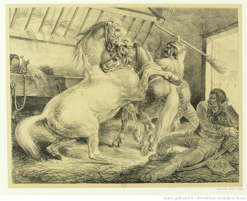 Géricault - Deux chevaux gris-pommelé se battant dans une écurie, btv1b10029098p