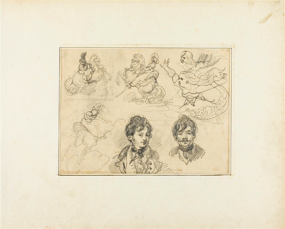 Géricault - Sheet of Sketches Riders, Mermaids and Two Portraits of Young Men, 1813-14