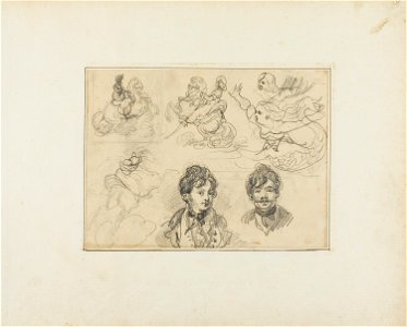 Géricault - Sheet of Sketches Riders, Mermaids and Two Portraits of Young Men, 1813-14