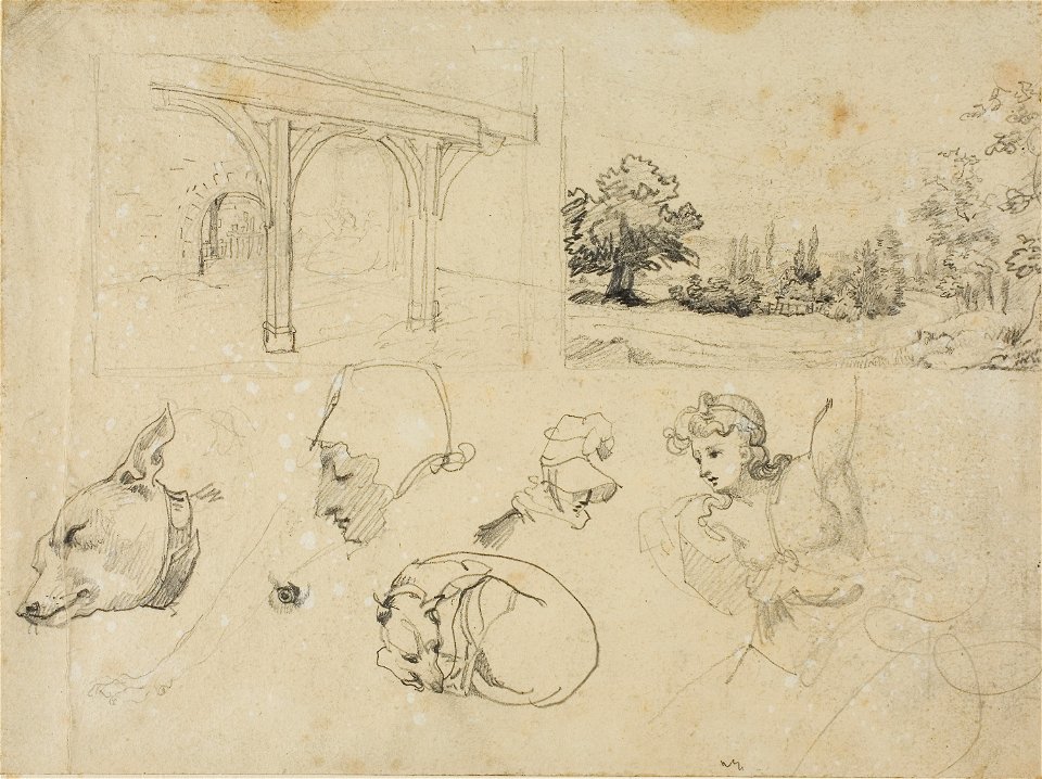 Géricault - Sketches of A Shed, A Landscape, Dogs and Various Figures, 1813-14