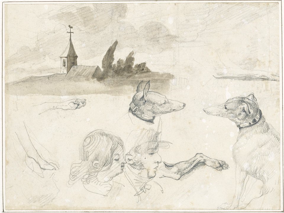 Géricault - Sheet of Sketches Greyhounds; A Male and a Female Head in, 1813-14