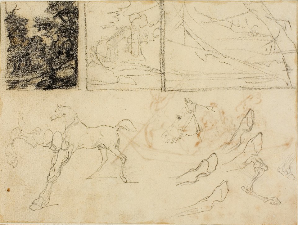 Géricault - Sheet of Sketches three Landscapes, Horses, and Hooves, 1813-14