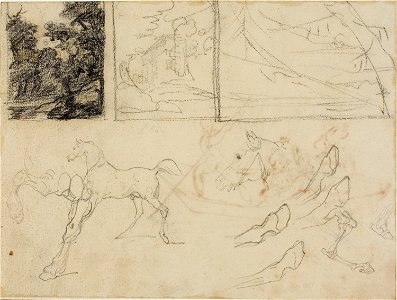 Géricault - Sheet of Sketches three Landscapes, Horses, and Hooves, 1813-14