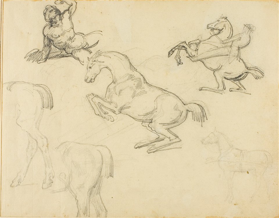 Géricault - Sketches Reclining Nude, a Horseman and Various Horses, 1818-1819