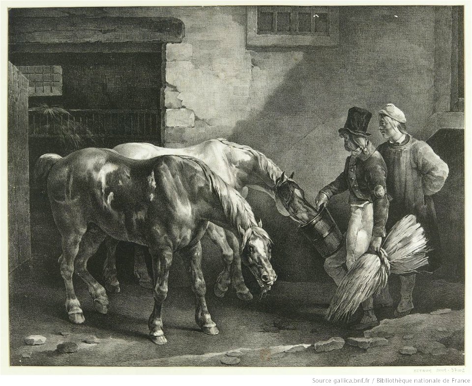 Géricault - Deux chevaux de poste à la porte d'une écurie, btv1b10028069j