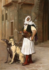 Gérôme - Arnaute avec deux chiens whippets, 1867. Free illustration for personal and commercial use.