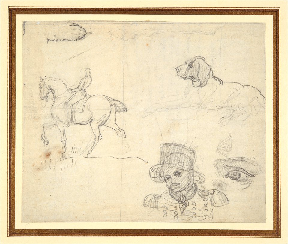 Géricault - Page of Sketches (equestrian, dog, soldier’s head), 1814