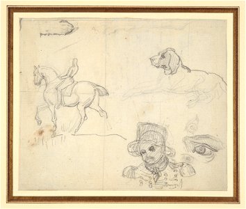 Géricault - Page of Sketches (equestrian, dog, soldier’s head), 1814