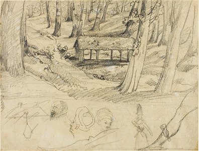 Géricault - Forest Interior with Thatched Hut, and Other Sketches, 1813-14. Free illustration for personal and commercial use.