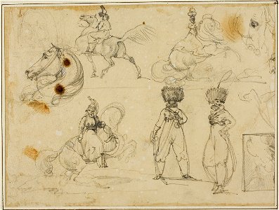 Géricault - Sheet of Sketches Soldiers, Horses and a Landscape, 1813-14