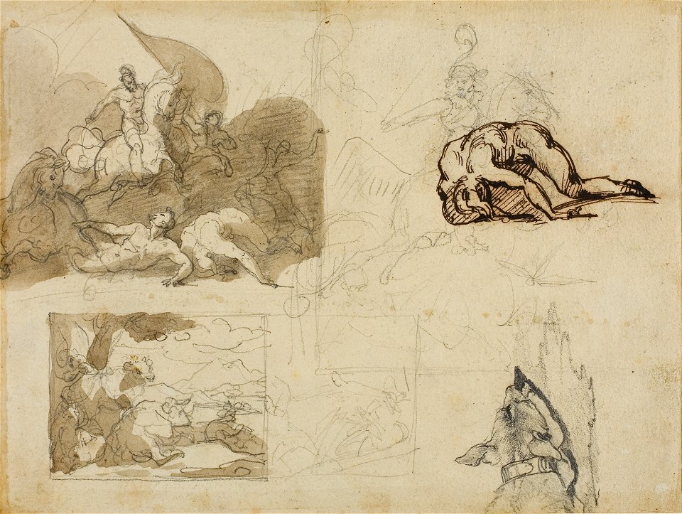 Géricault - Sketches of a Cavalry Battle, A Landscape with Cows, and Other Compositions, c. 1814