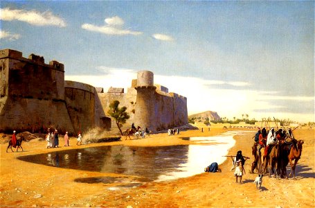 Gérôme - An Arab Caravan outside a Fortified Town, Egypt. Free illustration for personal and commercial use.