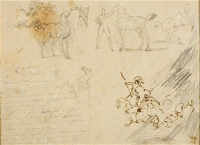 Géricault - Sketches of Horses, Groom Holding Horse, a Cavalry Battle, 1813-14. Free illustration for personal and commercial use.