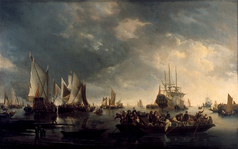 H.J. Dubbels - Haven met zeilschepen en ponteveer - NK2766 - Cultural Heritage Agency of the Netherlands Art Collection