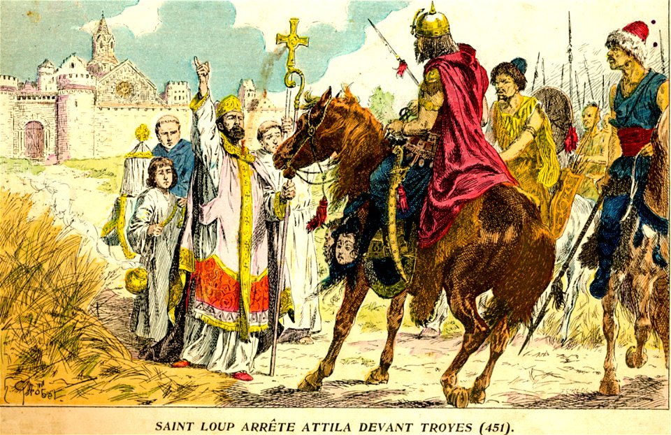 H. Grobet - Saint Loup arrête Attila devant Troyes (451)