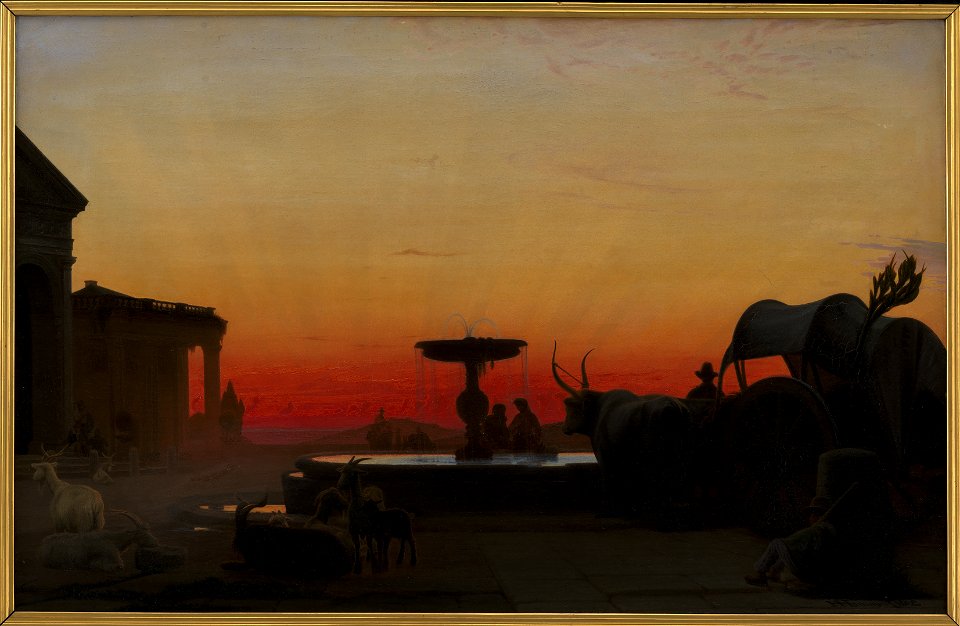 H.J. Hammer - A Square in Ariccia, Italy. After Sunset - KMS826 - Statens Museum for Kunst
