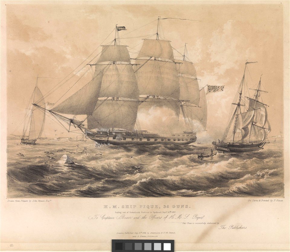 H.M. Ship Pique 36 Guns Sailing out of Portsmouth Harbour to Spithead, Septr 10th 1837 RMG PW8065