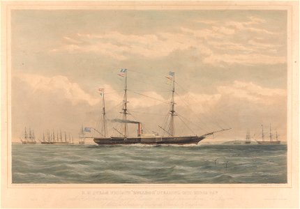 H.M. Steam Frigate Bulldog steaming into Kioge Bay with Her Britannic Majesty's Minister at Copenhagen on board - The Bearer of the Declaration of War with Russia by England (proof) RMG PY0932. Free illustration for personal and commercial use.