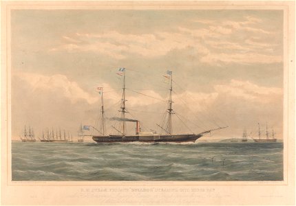 H.M. Steam Frigate Bulldog steaming into Kioge Bay with Her Britannic Majesty's Minister at Copenhagen on board - The Bearer of the Declaration of War with Russia by England (proof) RMG PY0932