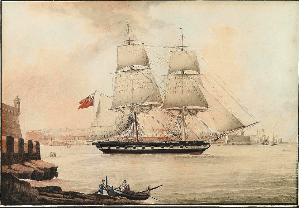 H.M.S. Pelican off Ricasoli Point, leaving the Grand Harbour, Malta, 1833, by Nicolas S. Cammillieri