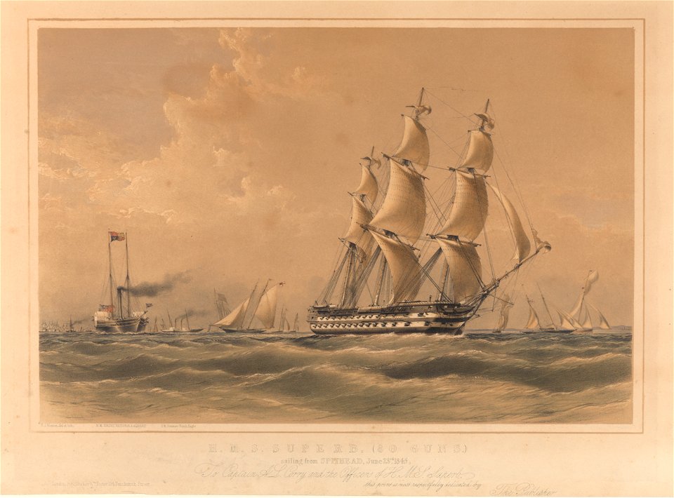 H.M.S Superb, (80 guns) sailing from Spithead, June 23rd 1845 - (shows H.M.Y. Victoria and Albert and H.M.Steamer Black Eagle) RMG PY0920