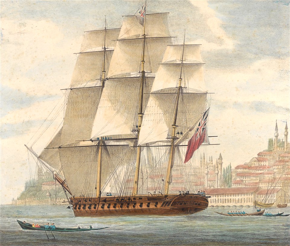 H.M.S. Barham quitting Constantinople With Sir Stratford Canning on bd. 12th August 1832 RMG PY0777 (cropped)