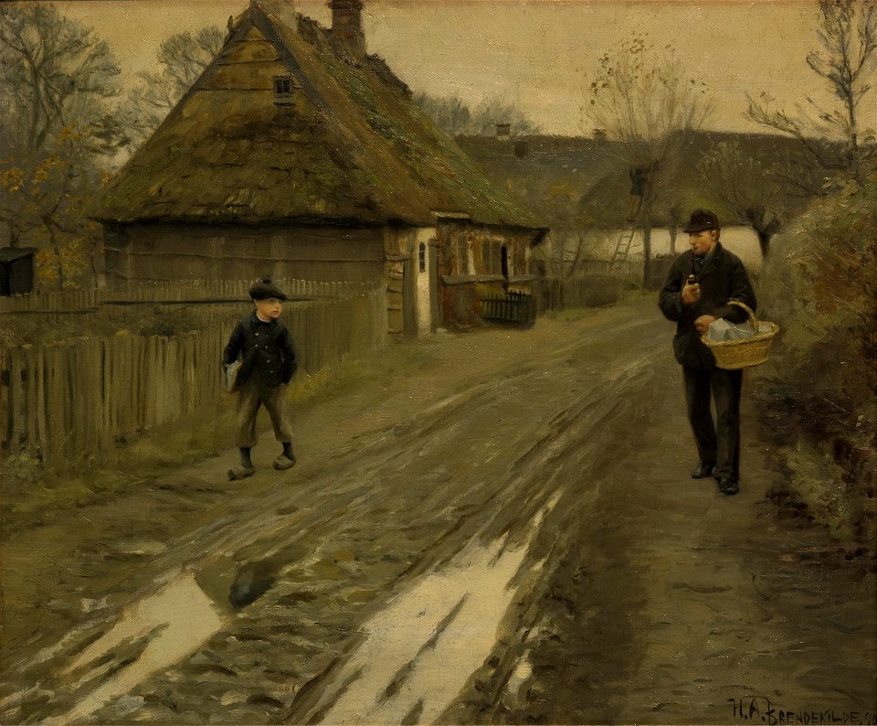 H.A. Brendekilde, Landsbygade i grå vinterstemning, 1890