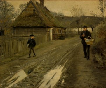 H.A. Brendekilde, Landsbygade i grå vinterstemning, 1890