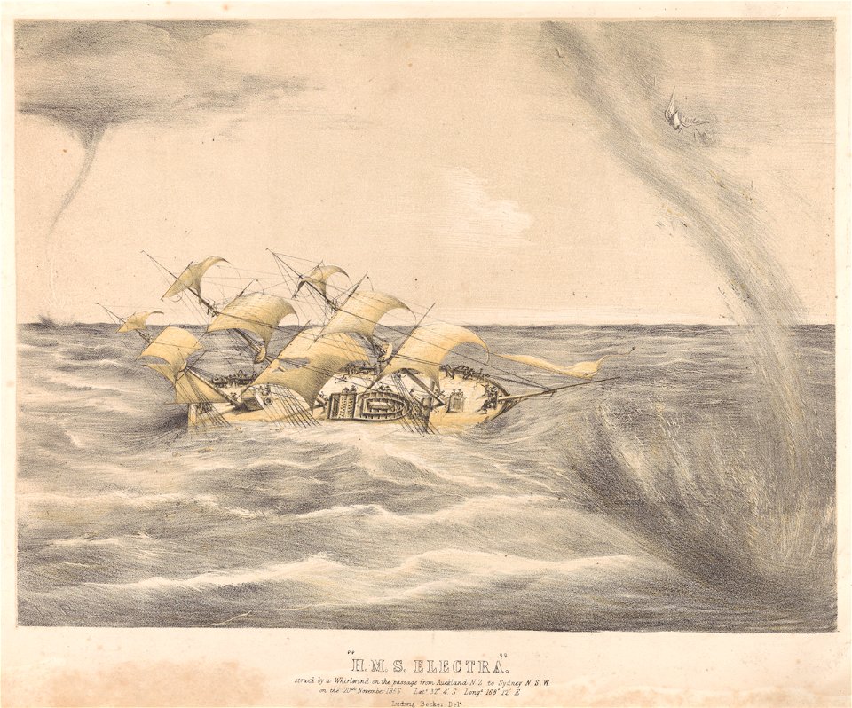 H.M.S. Electra, struck by a Whirlwind on the passage from Auckland NZ to Sydney N.S.W. on the 20th November 1856 Late 32o 4'S Longe 168o 12'E RMG PY0876