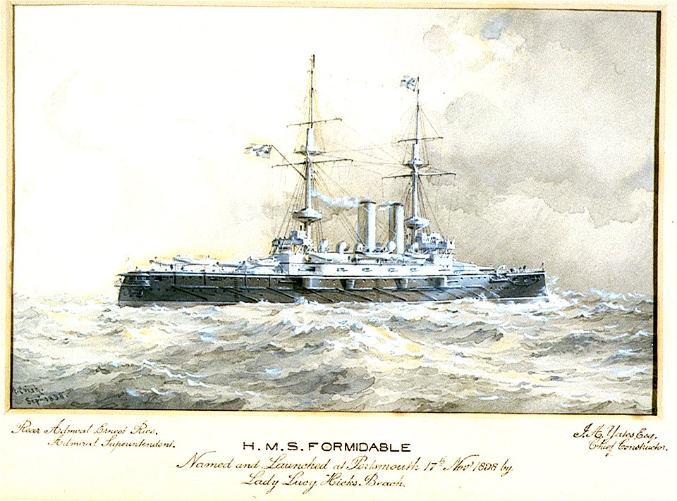 H.M.S. Formidable Named and Launched at Portsmouth 17th Novr 1898 by Lady Lucy Hicks Beach. Rear Admiral Ernest Rice, Admiral Superintendent. J A Yates Esq, Chief Constructor RMG PU6310
