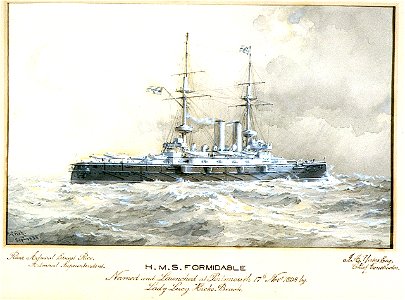 H.M.S. Formidable Named and Launched at Portsmouth 17th Novr 1898 by Lady Lucy Hicks Beach. Rear Admiral Ernest Rice, Admiral Superintendent. J A Yates Esq, Chief Constructor RMG PU6310