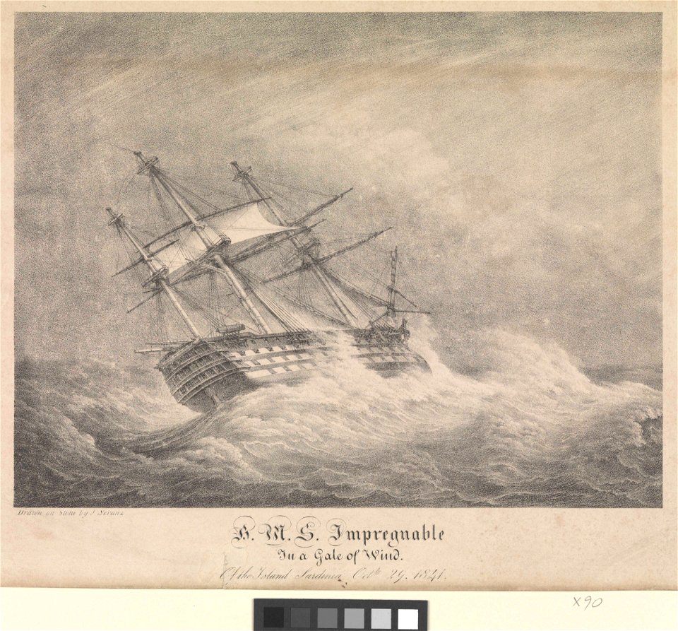 H.M.S. Impregnable In a Gale of Wind of the Island of Sardinia Octbr 29 1841 RMG PW8010