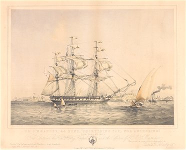 H.M.S. Meander 44 guns shortening sail for anchoring (Rio, June 9th 1851 RMG PY0898