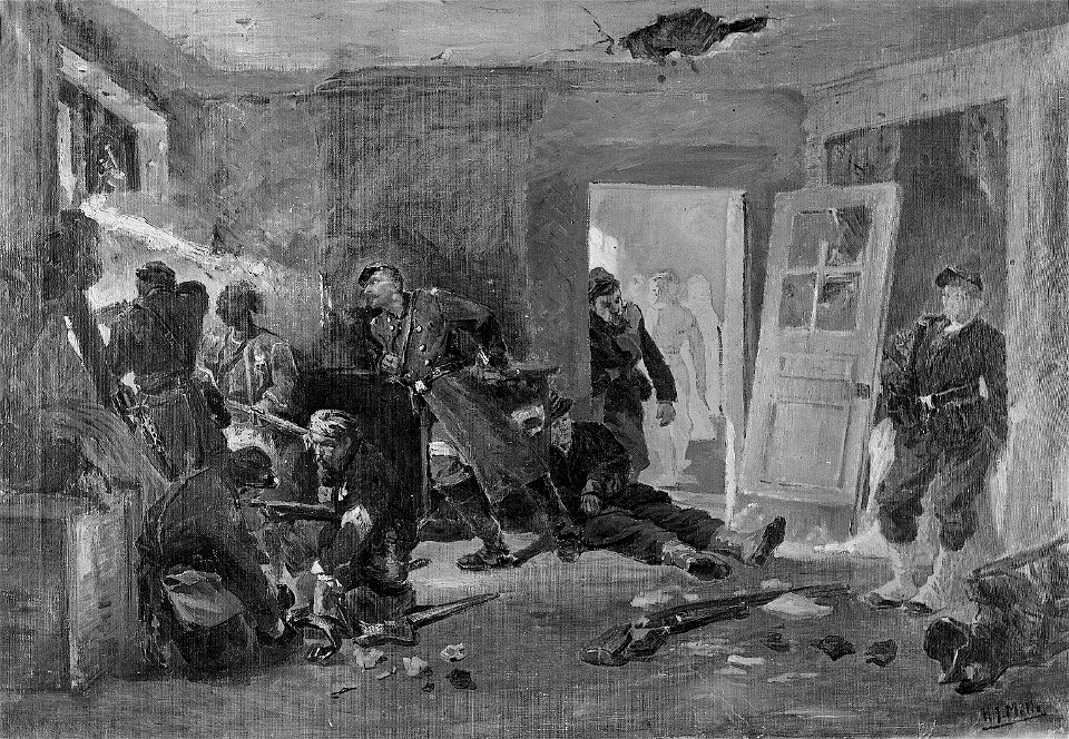 H.J. Mélis - Soldaten in een belegerd huis - E398 - Instituut Collectie Nederland