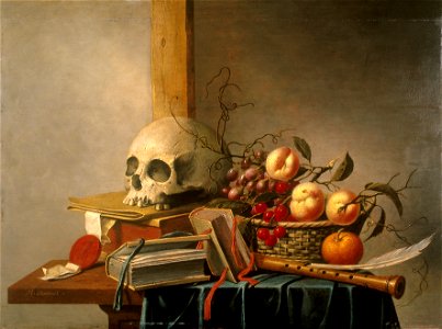 H. van Steenwijck - Vanitas stilleven met schedel, boeken en fruit - NK2617 - Delft Municipal Museums. Free illustration for personal and commercial use.