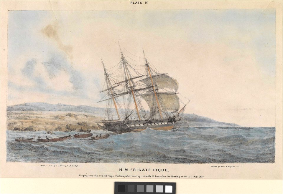 H.M. Frigate Pique Forging over the reef off Cape Forteau (after beating violently 11 hours) on the Morning of the 23rd Sepr 1855. Plate 1st RMG PW8067